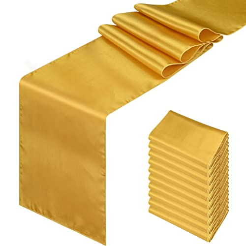 10 Pack Gold Satin Table Runners 12 x 108 inches Long Premium Satin Table Runner fit Rectange and Round Table for Birthday Parties, Banquets, Engagements Decoration, Wedding Party, Graduations
