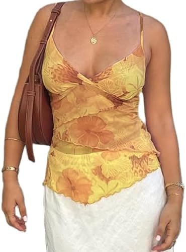 Women's Y2K Mesh Camisole Floral Print Sheer Cami Tank Spaghetti ...