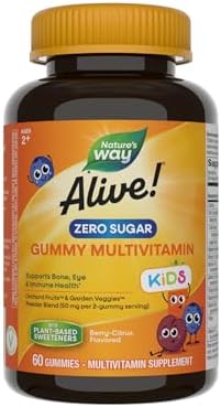 Nature’s Way Alive! Kids Zero Sugar Gummy Multivitamins, for Kids Ages 2+, Supports Bone, Eye & Immune Health*, No Sugar Alcohols, Plant-Based Sweeteners, Berry-Citrus Flavored, 60 Gummies