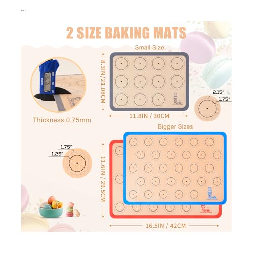 Silicone Baking Mat Macaron - Set of 3 (2 Half Sheet Liners and 1 Quarter Sheet), Non Stick Silicon Cookie Oven Liner For Macaroons, Bake Pans, Pizza, Toaster, Cake and Bread Making (Red,Blue,Gray)