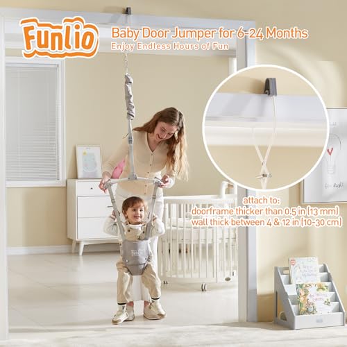 Image of FUNLIO Baby Door Jumper for 6-24 Months (with Door Clamp), Baby Jumper Doorway with Strong Spring & Adjustable Strap, Portable Infant Baby Bouncer, Bearing 40 Lbs, CPC & CE Certified - Gray