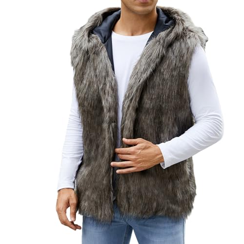 Men's Faux Fur Vest with Hood Warm Winter Luxury Furry Sleeveless Jacket Open Front Cardigan Hoodie Coats Outwear