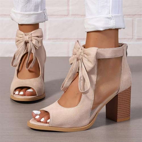 Ladmiple Women's Bow Knot Heeled Sandals Open Toe High Block Chunky Heels Ankle Strap Mesh Bride Wedding Party Dress Shoes4