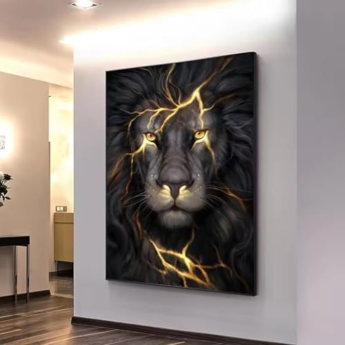 Tableau lion noir et doré 95x145cm pour décoration salon moderne