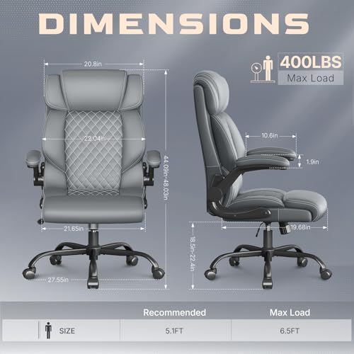 Image of Office Chair-Executive High Back Breathable Big and Tall Office Chair Flip-up Armrests Lumbar Support-Ergonomic Leather Rolling Swivel Chair with Rock Function for Working Studying Gaming,Gray