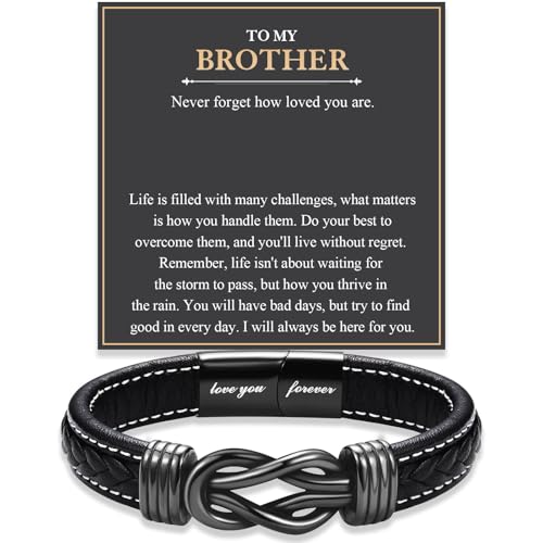 Love You Forever Leather Bracelet Gifts for Men Him Teen Boys, To My Brother Son Grandson Nephew Friend Dad Husband Christmas Birthday Valentines Fathers Day Graduation Back to School Gifts