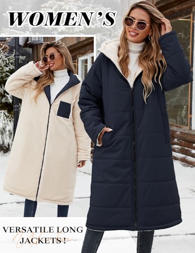 Vancavoo Wintermantel Damen Lang Winterjacke Warm Gefüttert Winterparka Winter Jacke Mantel Parka Steppmantel Daunenmantel mit Kapuze,Marineblau,L