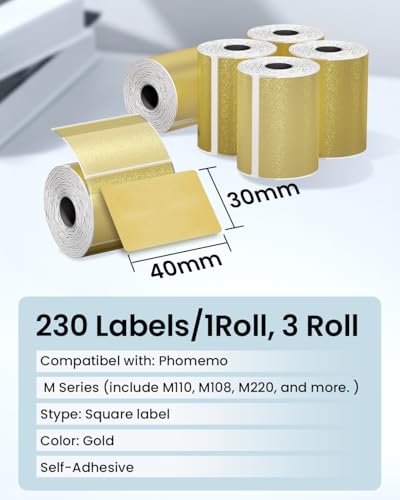 Etiquetas térmicas rectangulares Phomemo brillo dorado 2