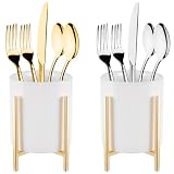 Varku 2Pcs Sturdy Cutlery Holders, White Ceramic Cup with Golden Metal Bracket, Robust Silverware Ca