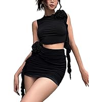 Conjunto de 2 piezas de falda de flores 3D Y2K de malla transparente con volantes, mini falda con flecos y borlas, A-negro, L