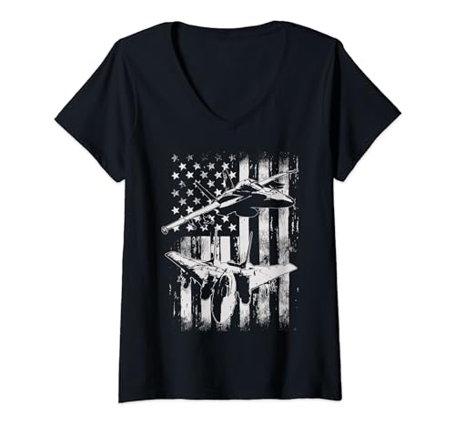 Mujer F-14 Tomcat Militar Fighter Avión Bandera Americana Camiseta Cuello V