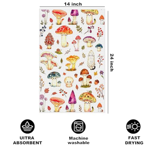 Image of Hanamiya Na Mushroom Cat Kitchen Towels 24x14 Inch, Cute Mushroom Reusable Dish Towels for Kitchen Bathroom Decor, Waffle Weave Hand Cloth Tea Towel, Cat Lover Gifts for Women Girls Friend