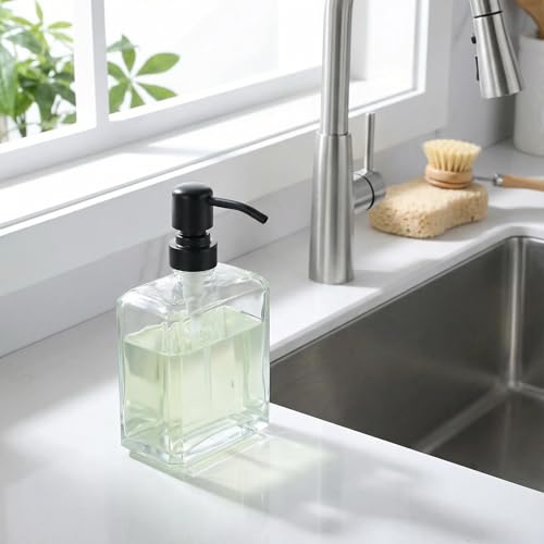 Image of Square Clear Glass Dish Soap Dispenser, Antique Refillable Hand Soap Dispenser with Rust Proof Black Stainless Steel Pump, 13.5 oz Lotion Dispenser for Bathroom Vanity, Kitchen Countertop