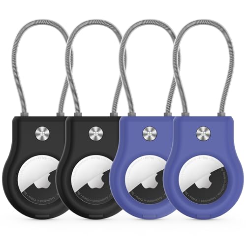 AirTag Keychain Holder - (4 Pack) Airtag Lock Case with Wire Cable Compatible with Apple AirTags,Ultra Durable Anti-Lost Protective Case with Keyring for Luggage, Key, Backpack, Pet, Bag Black/Blue