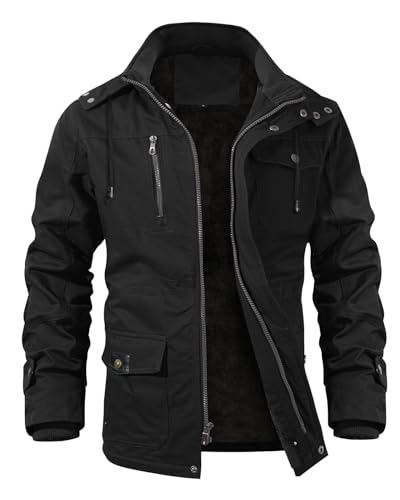 Image of INVACHI Men's Thick Winter Jacket With Hood,Fleece Lining Cotton Military Jackets,Work Coats with Multiple Pockets