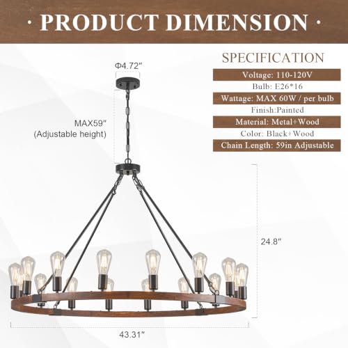 Image of Farmhouse Wood Wagon Wheel Chandelier 16-Light 43.3 inch Light Fixture