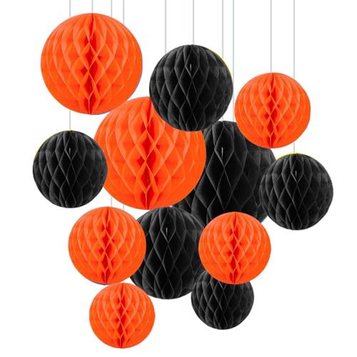 Image of ZOOYOO 12Pcs 6 inch 10 inch Honeycomb Balls Decorations Hanging Tissue Paper Pom Poms for Halloween Graduations Birthday Wedding Fall Party Thanksgiving Decorations(Orange Black)