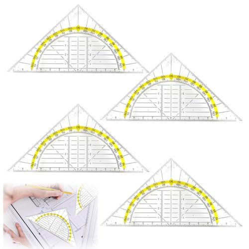 4 Stück Geometrisches Geodreieck für Schule und Büro, bruchsicher, transparent, Schiffswinkel, geometrische Geodreiecke aus Kunststoff, bruchsicher, für Schule, Universität und Arbeit
