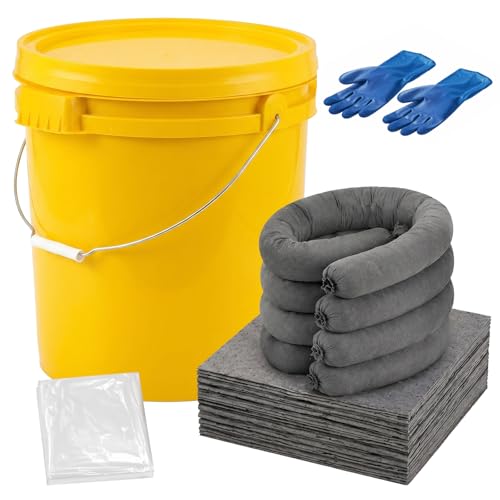 DoubleFill 41 Pcs Universal Spill Kit Portable Complete 9-Gallon Spill Kit, Absorbs Oils Water and More, Yellow Bucket, 30 Absorbent Pads, 4 Pcs 3" x 4' Sorbent Socks, 5 Disposal Bags, PVC Gloves by DoubleFill - Used condition - US$69.21