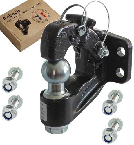 Rebadis Crochet attelage Mixte 3500kg 4 Trous, Chape avec Boule diam 50mm, Anneaux 68 et 76. Livré avec visserie