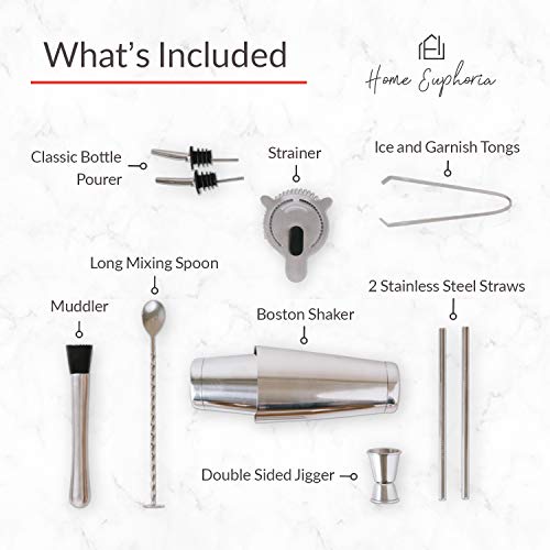 Stainless Steel Boston Cocktail Shaker and Bar Tool Set. Bartender Kit with all Bar Accessories: Cocktail Strainer, Double-Sided Jigger, Muddler, Bar Spoon, Pour Spouts, Metal Straws, and Ice Tongs.
