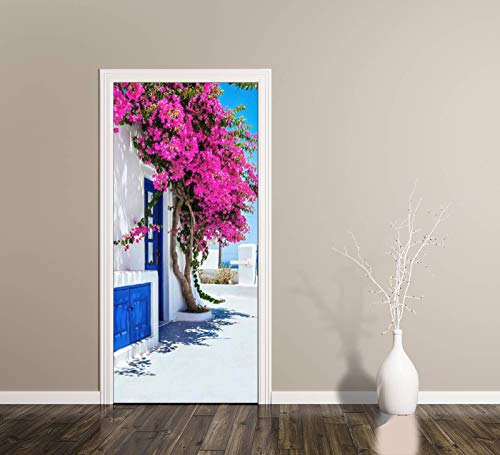 3D Door Decal Traditional White Houses Covered With Bougainvillea Flower In Door Stickers Removable Adhesive Pvc Door Wall Mural Door Wallpaper Door Art For Home Decor 30.3" W X 78.7" H #TOP3