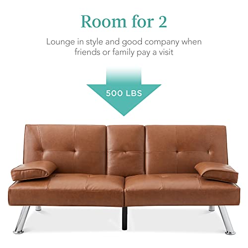 Best Choice Products Faux Leather Upholstered Modern Convertible Folding Futon Sofa Bed For Compact Living Space, Apartment, Dorm, Bonus Room W/Removable Armrests, Metal Legs, 2 Cupholders - Tan #TOP2