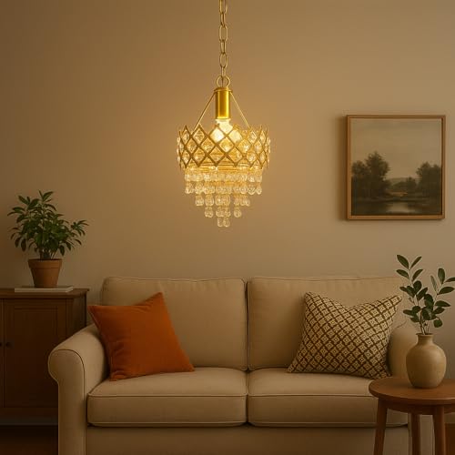 Image of TRIPPING Golden Crystal Ceiling Pendant Lamp with E27 Bulb Holder - Elegant Chandelier-Style Light for Living Room, Dining Hall, Hotel, Balcony, Cafe, and Reception Decor