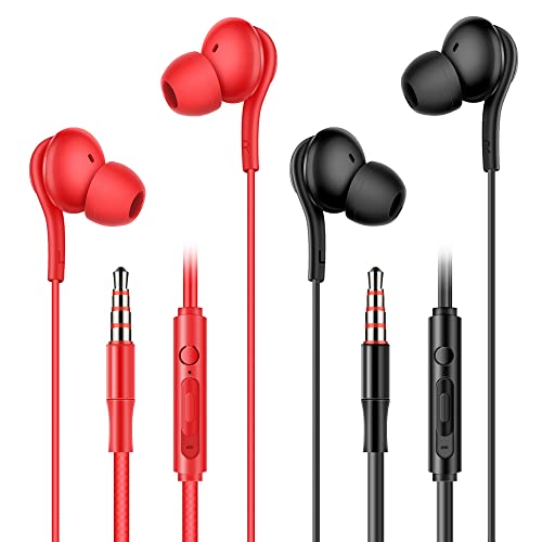 2 Pack Earbuds Wired Headphones with Microphone, in Ear Headsets for Girls, Noise Isolating HeavyÂ BassÂ Stereo Earphones 3.5mm Jack for for iPhone Samsung Android Phones iPad MP3 Computers-Black,Red