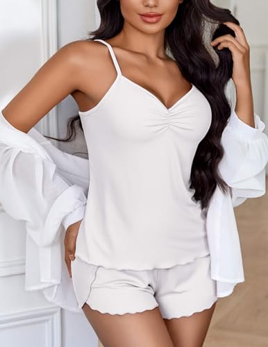 Image of Ekouaer Womens Cami Pajama Sets 2 Piece Ribbed Knit Lingerie Sleeveless Tank Top and Shorts Camisole Pjs Sleepwear