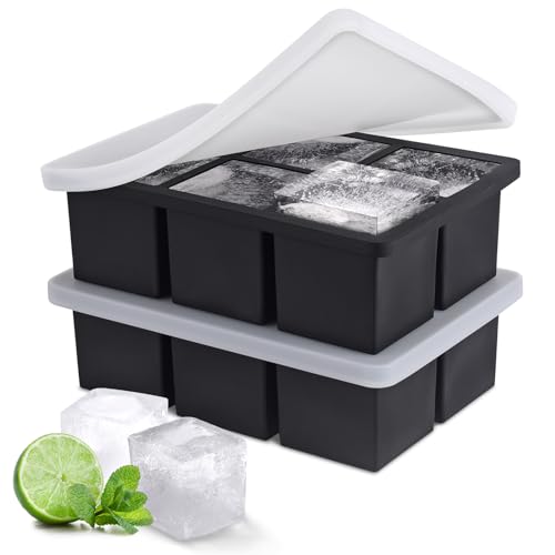 Ice Cube Tray, SLGOL Ice Trays for Freezer with Lid, Easy Release large Ice Cube Molds, Silicone ice cubes mold for Whiskey, Stackable Square Ice Tray for Cocktails Whiskey Juice Coffee 【6 square】