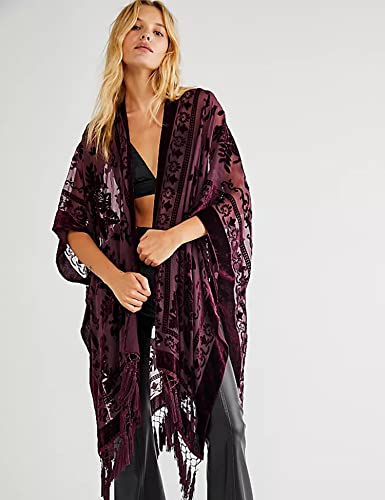 Women's Burnout Velvet Kimono Long Cardigan Cover Up with Tassel (Burgundy) - Thumbnail 4