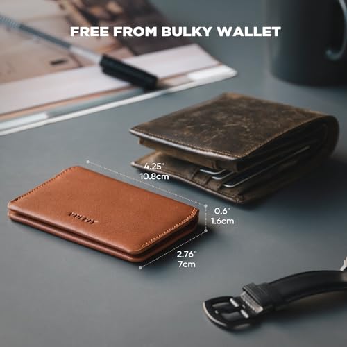 VULKIT Smukły minimalistyczny portfel na karty z blokadą RFID Skórzany portfel na karty kredytowe z magnetycznym zamknięciem, brązowy, One size, Minimalistyczny