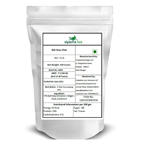 Image of Siyacha Tea Earl Grey Chai, 500 Grams, Fine Assam Black Tea with Natural Bergamot oil and Indian Aromatic Spice blend, Healthy Herbal Beverage Makes 250Cups (approx)