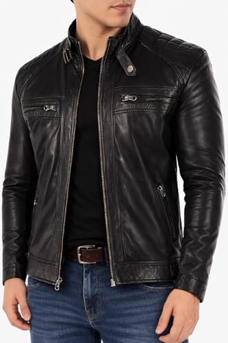 Image of Genuine Leather Men's cafe racer jacket Sheepskin Stand Collar Trucker real leather Jacket