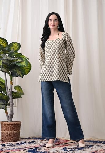 Image of MEERA FAB Women Cotton Printed A-Line Tunic Top with Square Neck | Floral Printed Halter Strap Detail & Bell Sleeves | Short Kurti for Women