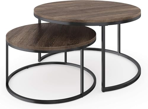 Image of Elegance Iron & Wooden Round Retro Golden Side Tables - Night Stand, Bedside, Sofa Side, Coffee, Centre, Nesting and Bar Table Set of 2 (Black & Natural)