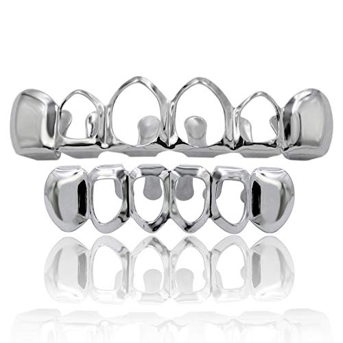 TOPGRILLZ 14K Gold Plated Open Face Top and Bottom Grillz for Your Teeth Vampire Grill Hip Hop Cosplay Costume Rapper Accessory (Silver Open)