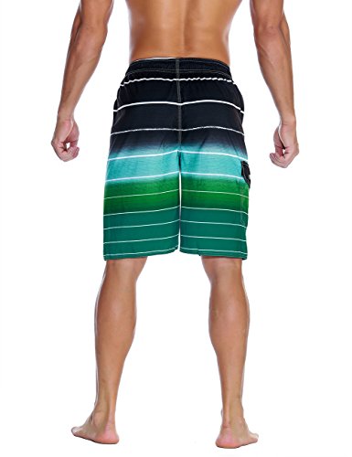Nonwe Men's Beachwear Quick Dry Holiday Drawstring Striped Swim Trunks Green 32 - Thumbnail 3