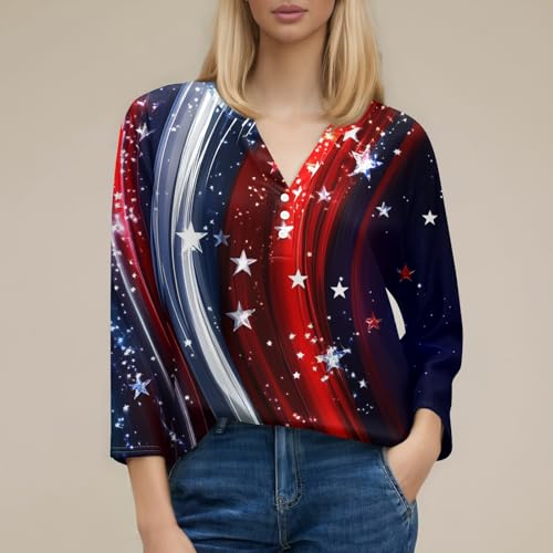 Image of 4th of July Shirts Women 3 /4 Length Sleeve Womens Tops Henley Neck Casual Patriotic T Shirts
