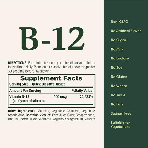 Nature's Bounty Vitamin B12, Supports Energy Metabolism and Nervous System Health, 500mcg, 100 Quick Dissolve Tablets - image 5