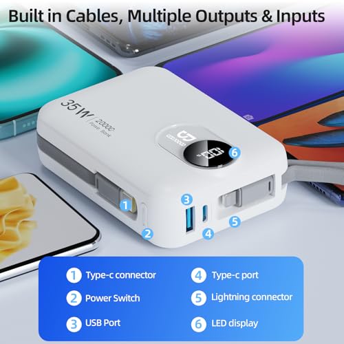 Image of GOOJODOQ Power Bank 20000mah Fast Charging, 35W Fast Charging, Laptop Power Bank with Built-in Cable, Type C PD (Input & Output) Digital Display for iPhones, iPads, Macbooks, Samsung and Others -White