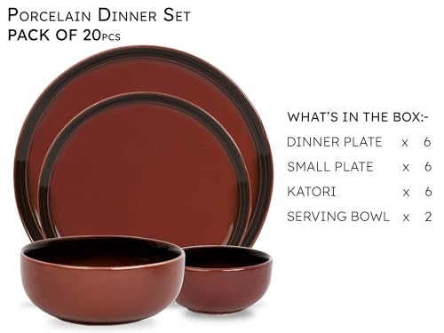 Image of Bodhi House Handcrafted Chip Resistance Porcelain Solid Dinner Set, 20 Pieces Dish Set Serving for 6, Microwave and Dishwasher Safe, Bone-Ash Free, Crockery Set for Dining and Gifting, Deep Red