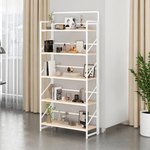 Image of JSB Folding Bookshelf,Industrial Storage Shelves, No Assembly Vintage Wood Look Bookshelf with Storage Shelves for Living Room, Bedroom, Office (White, Wide 5-Tier)