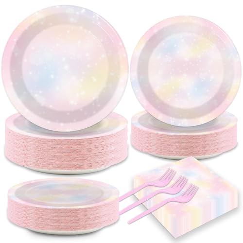 200pcs Pastel Rainbow Party Plates Napkins Pastel Paper Tableware Set Rainbow Cloud Cake Dessert Disposable Dinnerware Themed Party Decoration for Baby Shower Birthday Decor Supplies Serves 50