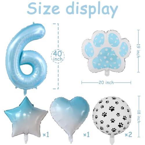 Image of 40 Inch Light Blue Paw Print Number 6 Foil Balloon Dog Cat Themed Set