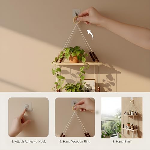 Image of 2-Tier Hanging Shelf with Wall Hook, Use Decor Plants, Books, Decorative Gift Items Nursery Livingroom Wooden Beads & Ring, Tassels Woven Bohemian
