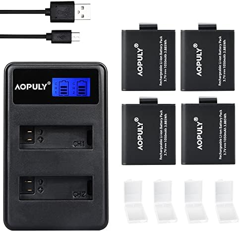 AOPULY 4-Pack PG1050 Rechargeable Action Camera Battery & LCD Dual Charger for 4k Action Camera AKASO EK7000, APEMAN, EKEN, Campark, SOOCOO, DBPOWER, Crosstour, FITFORT, DROGRACE