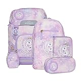 BECKMANN, Schulrucksack-Set Classic Unicorn Princess Purple, 6-teilig, Grundschule, ergonomisch, inkl. Regenüberzug, 22L