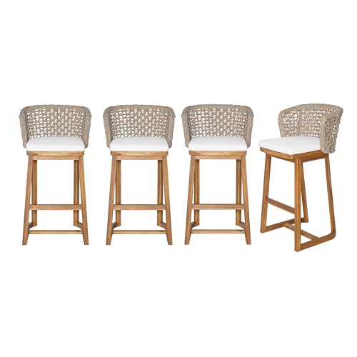 Juego de 4 taburetes de bar para exteriores Christopher Knight Home, con estructura de madera de acacia acabado teca, respaldo de mimbre color marrón claro y cojín beige, altura barra, para isla de cocina o patio miniatura 4
